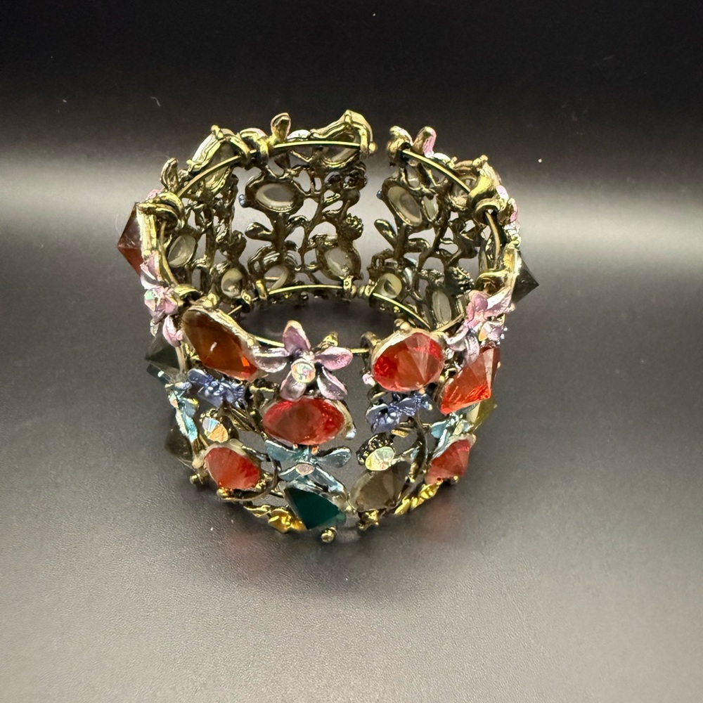 Vintage Inspired Floral Multicolor Crystal Cuff Bracelet - Women Jewelry - Picture 2 of 4